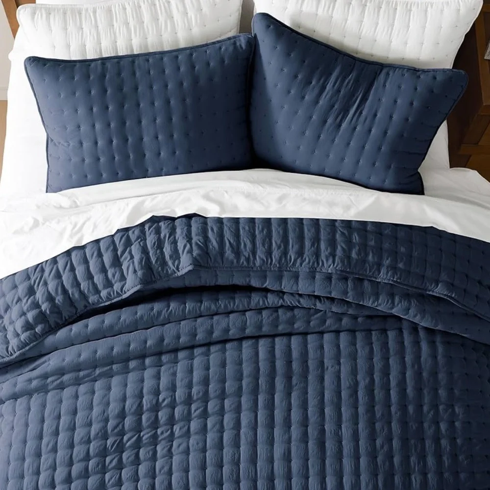 🆕 PB Style King Quilt Set Tufted Classic Navy Blue 3 piece Set
